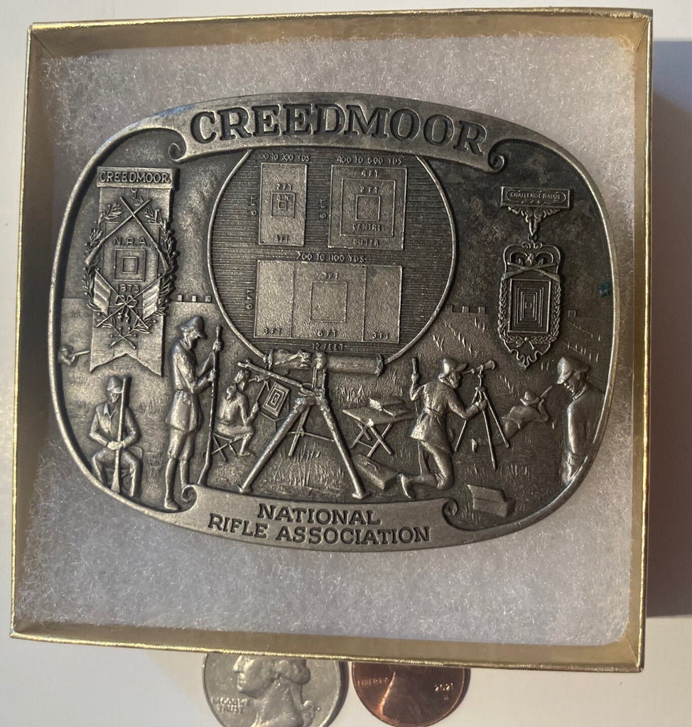 Vintage Metal Belt Buckle, Creedmore, National Rifle Association, NRA, Nice Design, 3 1/4" x 2 1/2", Heavy Duty, Quality, Thick Metal