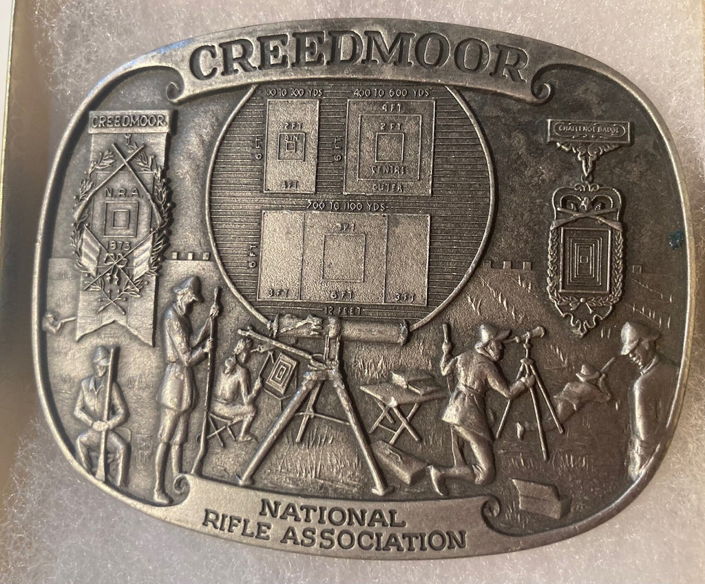 Vintage Metal Belt Buckle, Creedmore, National Rifle Association, NRA, Nice Design, 3 1/4" x 2 1/2", Heavy Duty, Quality, Thick Metal