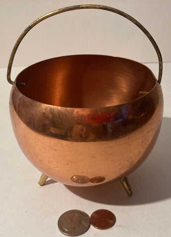 Vintage Metal Copper and Brass Storage Container, Bowl, Dish, 4 1/2" x 4", Brass legs, Handle, A Few Dings On The Bottom