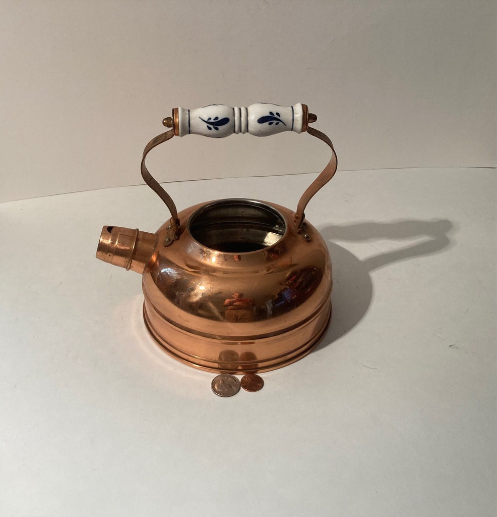 Vintage Metal Copper and Porcelain Handle Teapot, Tea Kettle, Water Heater, Kitchen Decor, Shelf Display, This Can Be Shined Up Even More