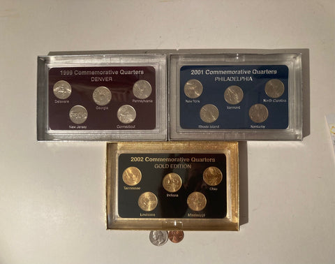 Vintage Set of 3 Boxes of Fancy Quarters, Nice Cases, 1999, 2001 and 2002, Silver and Gold Colored Ones, 25 Cents, Money Collections