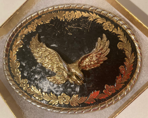 Vintage Metal Belt Buckle, Eagle, Brass and Silver, Nice Design, 3 3/4" x 2 3/4", Heavy Duty, Quality, Thick Metal, Made in USA, For Belts