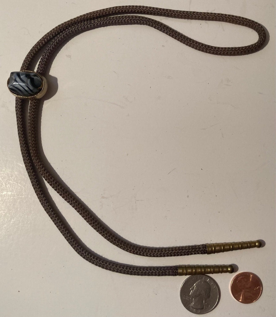 Vintage Metal Bolo Tie, Nice Brass and Black and Gray Striped Stone Design, Nice Design, Quality, Heavy Duty, Made in USA, Country & Western