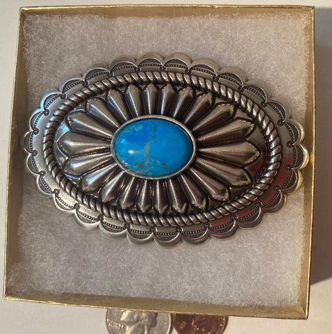 Vintage Metal Belt Buckle, Silver and Blue Turquoise, Nice Design, 3 1/2" x 2 1/4", Heavy Duty, Quality, Thick Metal, Made in USA, For Belts