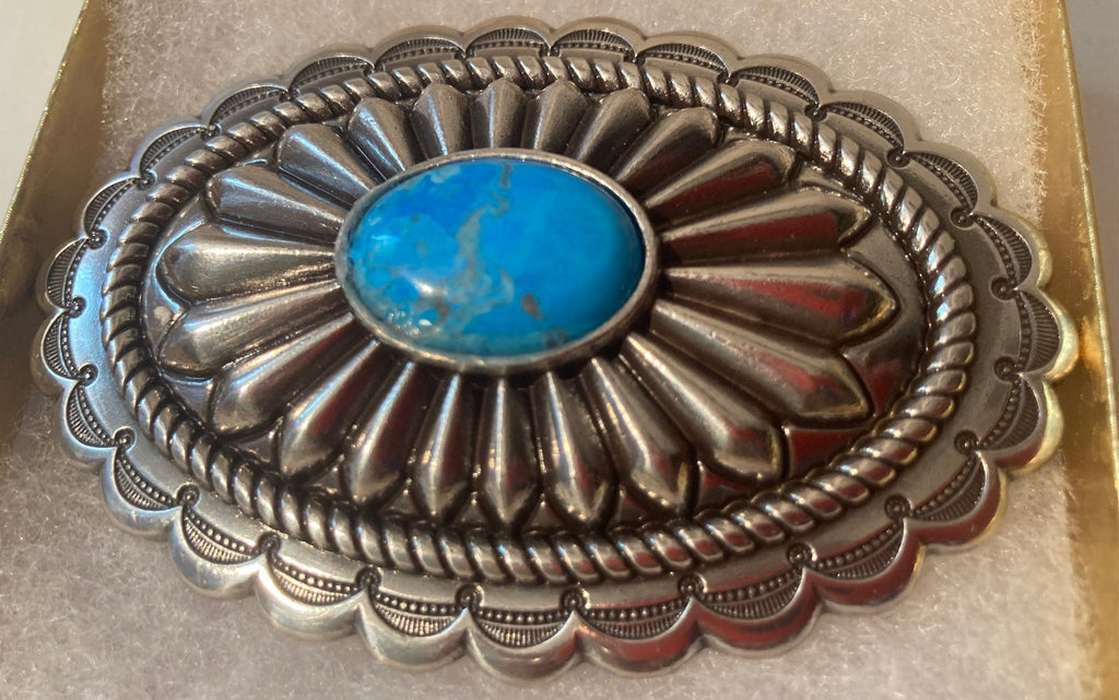 Vintage Metal Belt Buckle, Silver and Blue Turquoise, Nice Design, 3 1/2" x 2 1/4", Heavy Duty, Quality, Thick Metal, Made in USA, For Belts