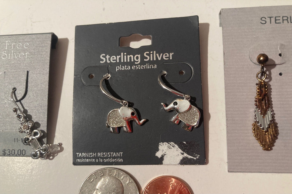 3 Vintage Cards of Sterling Silver Jewelry Items, Earrings, Hoops, Elephants, Nice Design, Quality, Nice, Fashion, Accessory, Jewelry