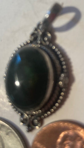 Vintage Sterling Silver 925 Metal Pendant, Charm, Nice Dark Green Stone Design, Pendant for Necklace, Bracelet, Ankle, Fashion, Quality