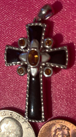 Vintage Sterling Silver 925 Metal Pendant, Charm, Cross, Crucifix, Black Enamel with Nice Orange Stones Design, Religious Symbol, 2" Long