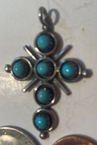 Vintage Sterling Silver 925 Metal Pendant, Charm, Cross, Crucifix, Nice Turquoise Stones Design, Religious Symbol, Nice Design