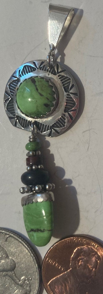 Vintage Sterling Silver 925 Metal Pendant, Charm, Nice Green Turquoise Stones Design, 2 1/2" Long, Nice Design, Pendant for Necklace