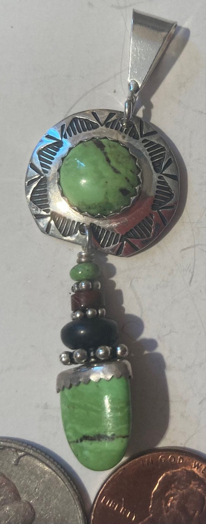 Vintage Sterling Silver 925 Metal Pendant, Charm, Nice Green Turquoise Stones Design, 2 1/2" Long, Nice Design, Pendant for Necklace