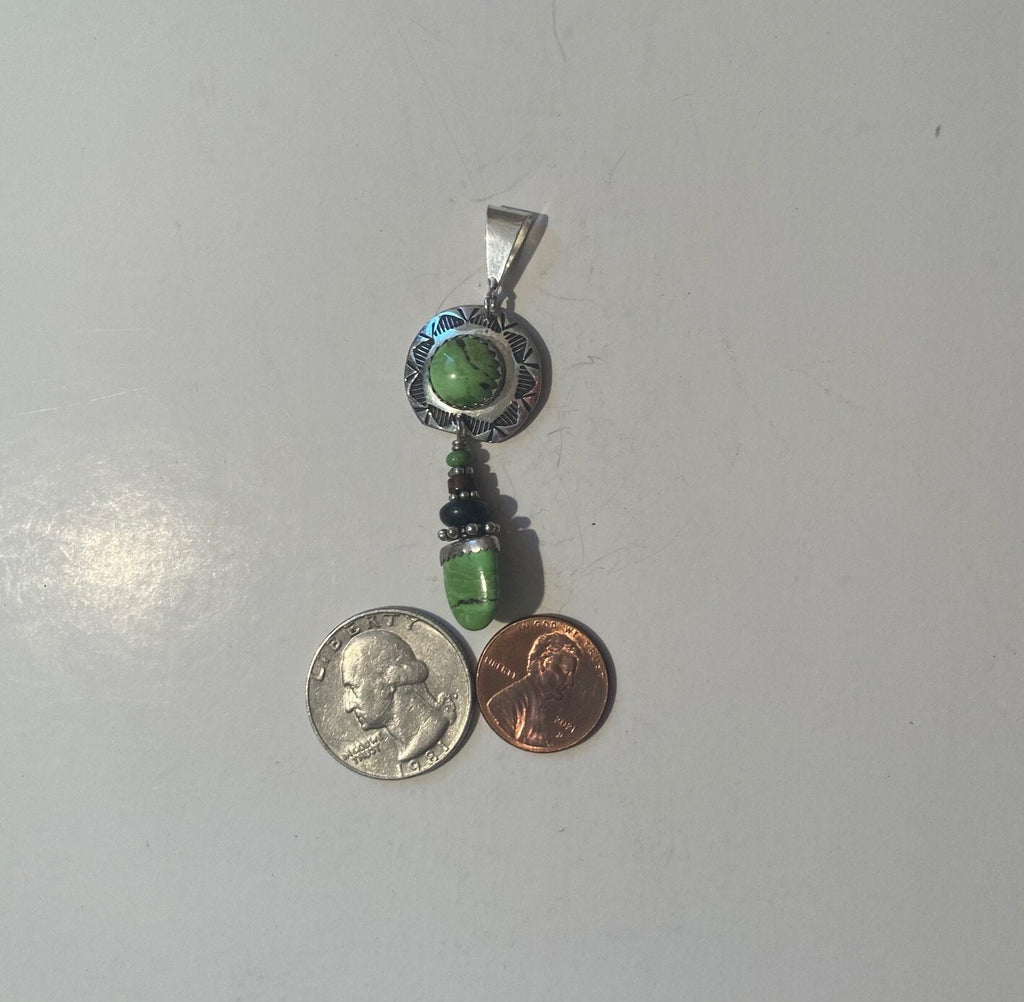 Vintage Sterling Silver 925 Metal Pendant, Charm, Nice Green Turquoise Stones Design, 2 1/2" Long, Nice Design, Pendant for Necklace