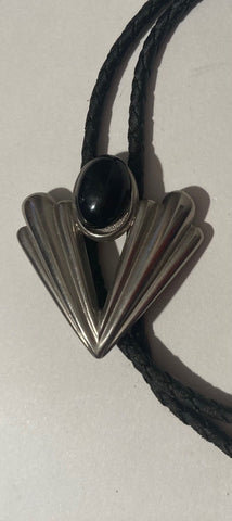 Vintage Metal Bolo Tie, Silver, Nice Black Stone, Nice Design, Quality, Heavy Duty, Made in USA, Country & Western, Cowboy, Western Wear