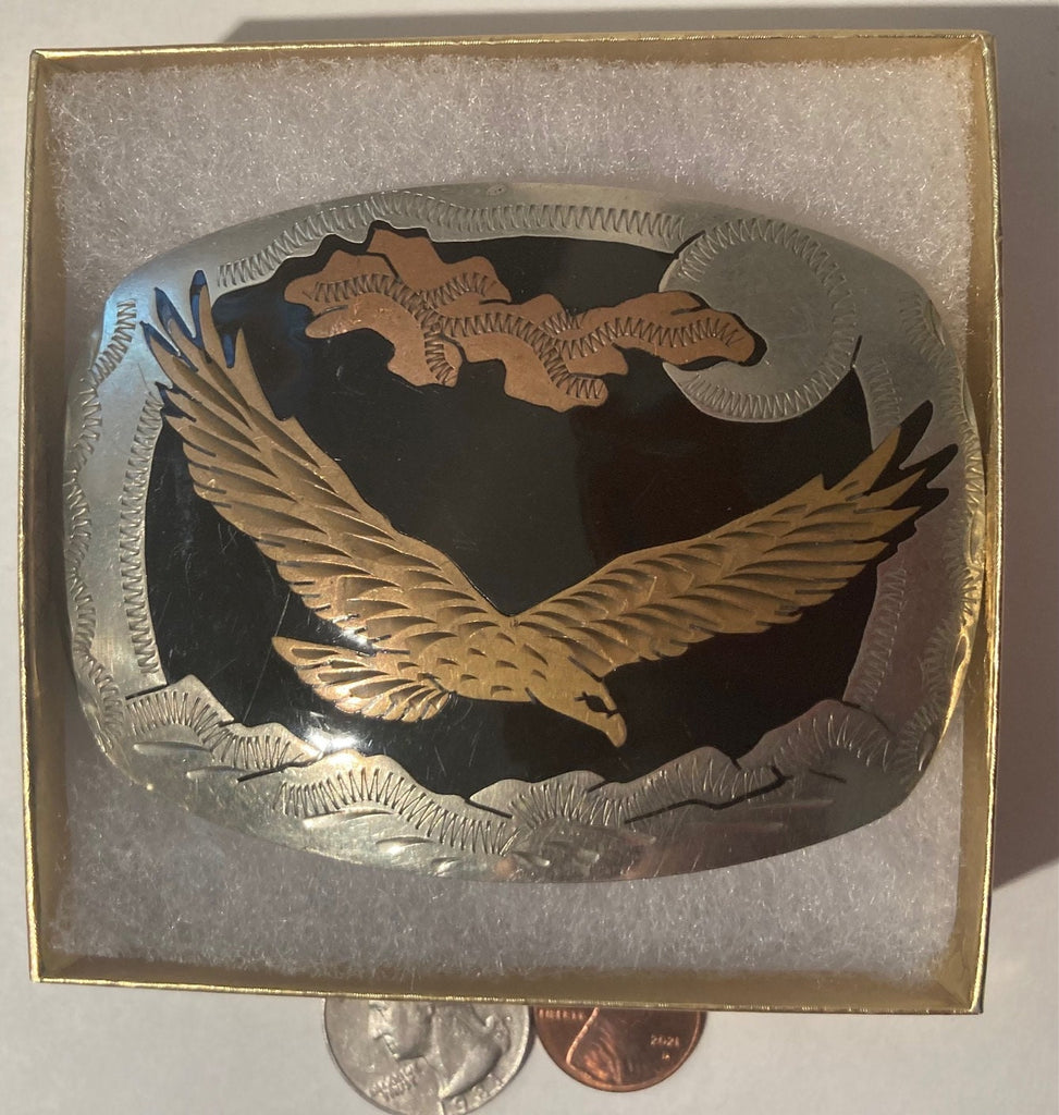 Vintage Metal Belt Buckle, Silver, Brass, Black Enamel, Eagle, Nice Design, 3 1/2" x 2 1/2", Heavy Duty, Quality, Thick Metal, Made in USA