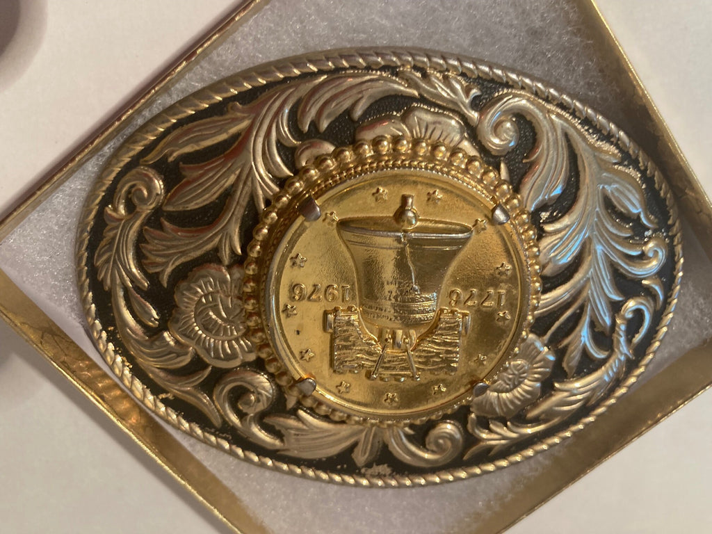 Vintage Metal Belt Buckle, Brass, Coin, Money, Nice Design, 4" x 2 3/4", Heavy Duty, Quality, Thick Metal, Made in USA, For Belts, Fashion
