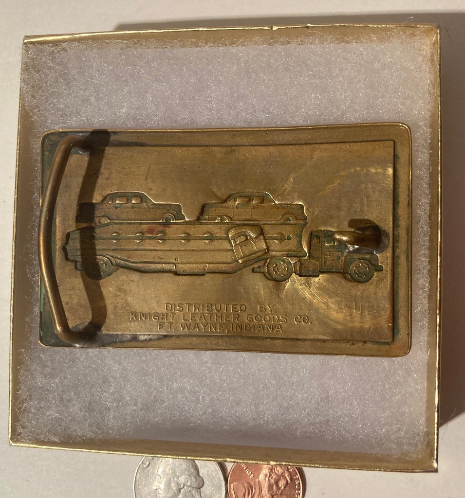 Vintage Metal Belt Buckle, Brass, Vintage Antique Car Hauler with Cars, Cool, 3" x 2", Heavy Duty, Quality, For Belts, Made in USA