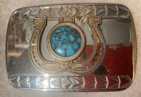 Vintage Metal Belt Buckle, Chrome with Horseshoes and Nice Blue Turquoise Design, Nice Design, 3" x 2", Heavy Duty, Quality, Thick Metal