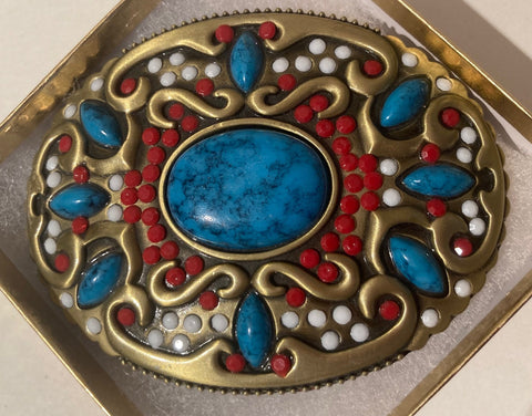 Vintage Metal Belt Buckle, Nice Colorful Stones, Nice Design, 3 3/4" x 3", Heavy Duty, Quality, Thick Metal, Made in USA, For Belts, Fashion