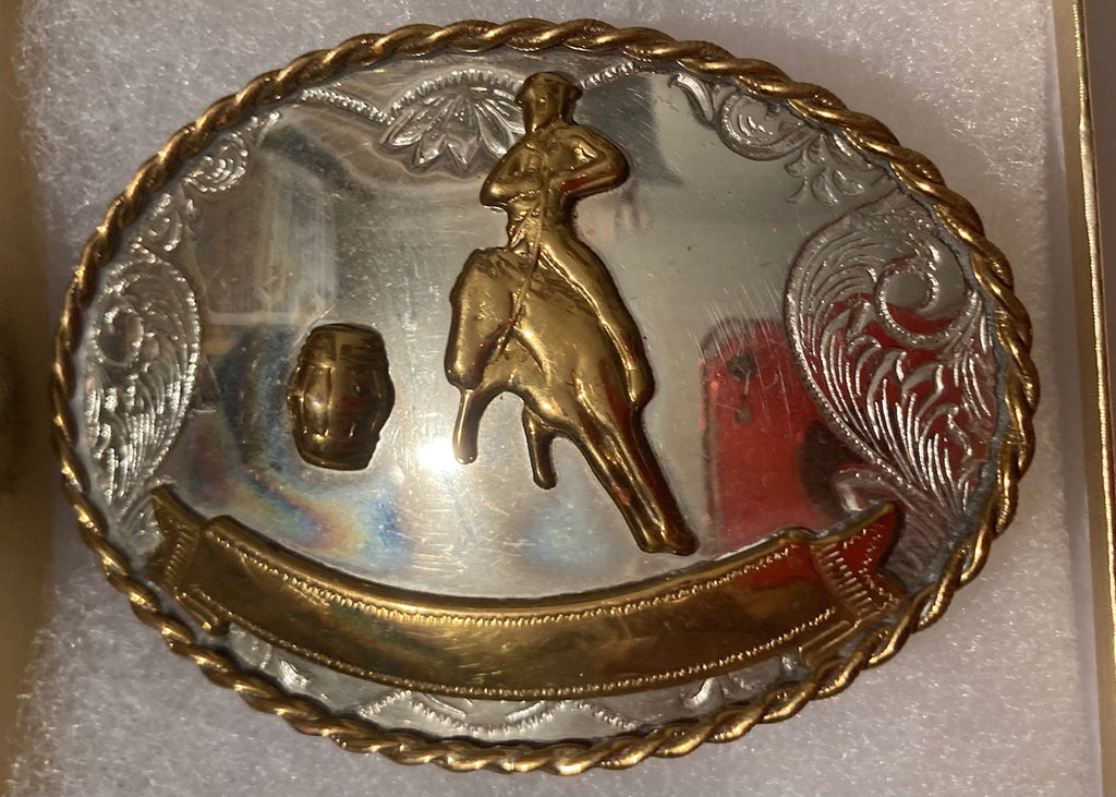 Vintage Metal Belt Buckle, Nickle Silver, Barrel Racing, Horse, Rodeo, Nice Design, 3 1/4" x 2 1/3", Heavy Duty, Quality, Thick Metal