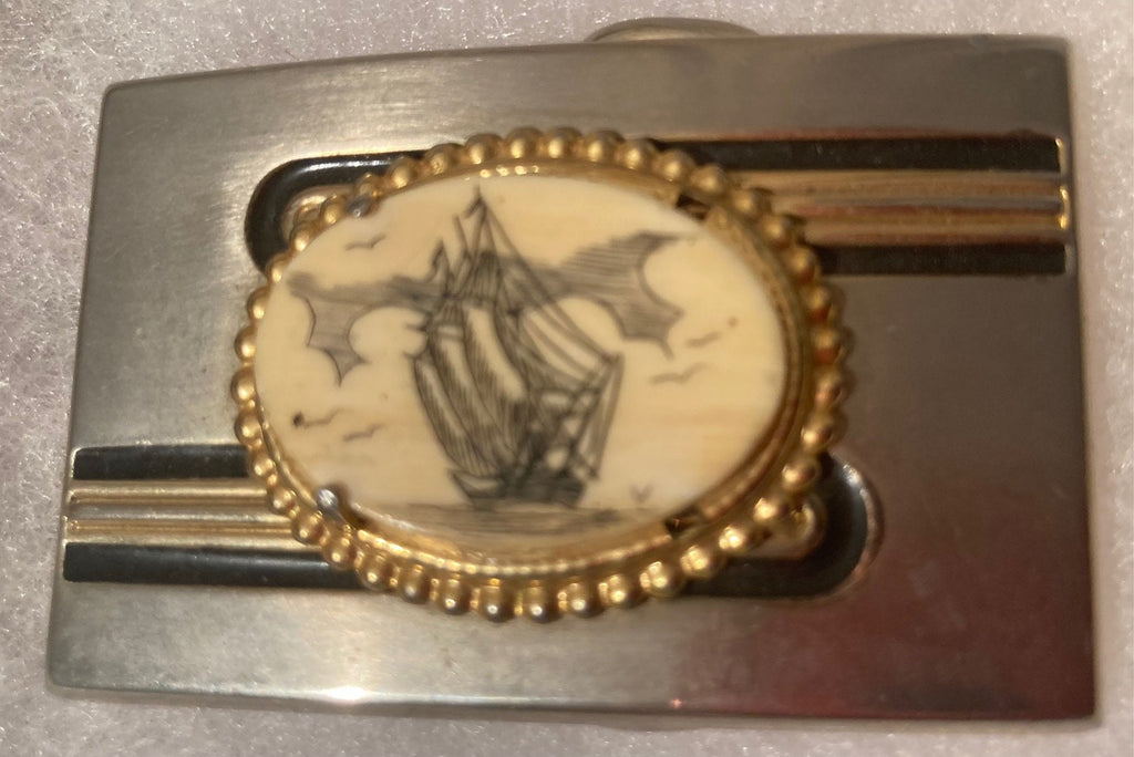 Vintage Metal Belt Buckle, Nice Stone Sailboat, Ship, Nautical, Nice Design, 2 1/2" x 1 3/4", Heavy Duty, Quality, Thick Metal, Made in USA