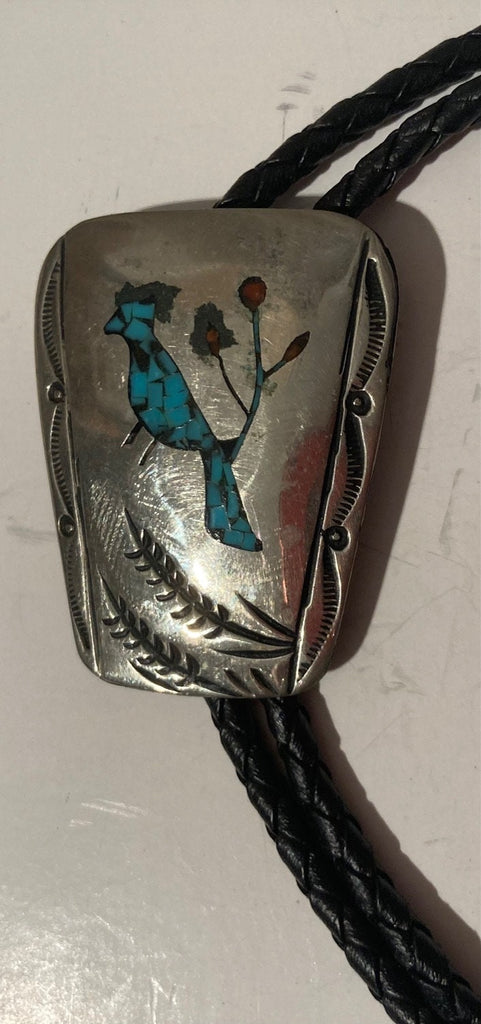 Vintage Metal Bolo Tie, Silver, Turquoise, Bird, 1 3/4" x 1 1/2", Nice Design, Quality, Heavy Duty, Made in USA, Country & Western, Cowboy