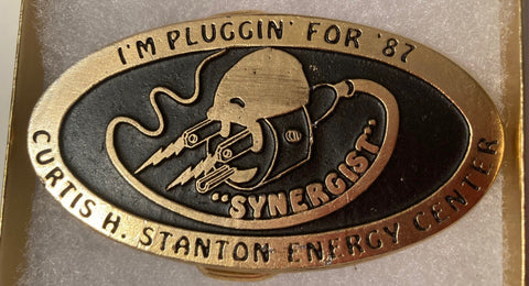 Vintage Metal Belt Buckle, Brass, Synergist, Curtis H. Stanton Energy Center, Nice Design, 3 1/2" x 1 3/4", Heavy Duty, Quality