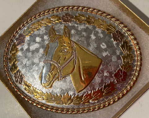 Vintage Metal Belt Buckle, Brass, Horse, Nice Design, 3 1/2" x 2 3/4", Heavy Duty, Quality, Thick Metal, Made in USA, For Belts, Fashion