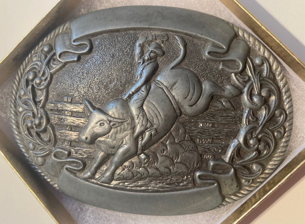 Vintage Metal Belt Buckle, Bull Riding, Rodeo, Nice Design, 4" x 2 3/4", Heavy Duty, Quality, Thick Metal, Made in USA, For Belts, Fashion