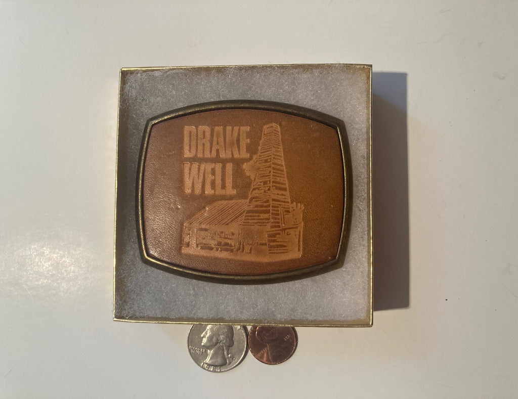 Vintage Metal Belt Buckle, Leather, Drake Well, First Oil Well, Petroleum, Gas, Energy, Drilling, Wells, Geyser, Nice Design