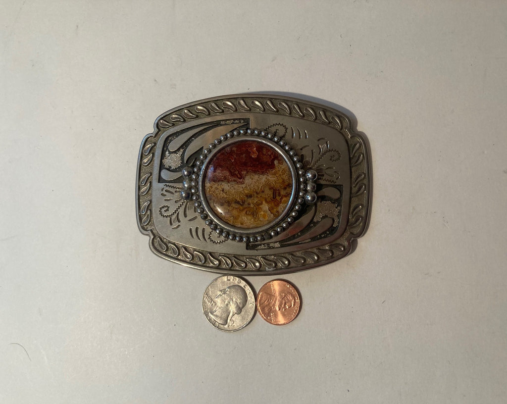 Vintage Metal Belt Buckle, Nice Redish Stone Design, Nice Western Style Design, 4" x 3", Heavy Duty, Quality, Thick Metal, Made in USA