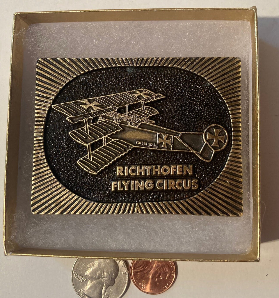 Vintage Metal Belt Buckle, Brass, Very Thick Metal, Richthofen Flying Circus, Nice Western Style Design, 3" x 2 1/3", Heavy Duty, Quality