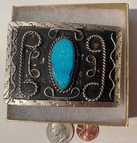 Vintage Metal Belt Buckle, Silver and Turquoise, Nice Design, 3 1/2" x 2 1/2", < Weighs 4 Ounces, Heavy Duty, Quality, Thick Metal