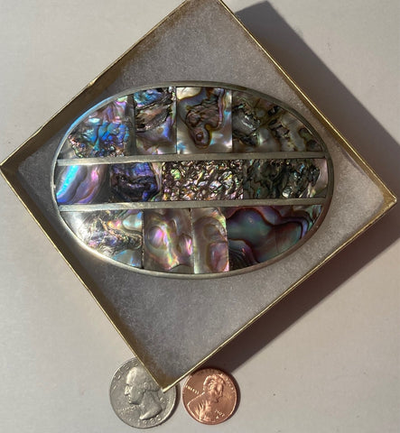 Vintage Metal Belt Buckle, Silver and Abalone, Nice Design, 3 1/2" x 2 1/2", Heavy Duty, Quality, Thick Metal, Made in Mexico, For Belts