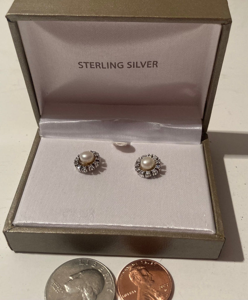 Vintage Sterling Silver 925 Earrings, Pearls, Nice Crystals, Nice Design, Quality, Nice, Fashion, Accessory, Jewelry, Stamped On The Back