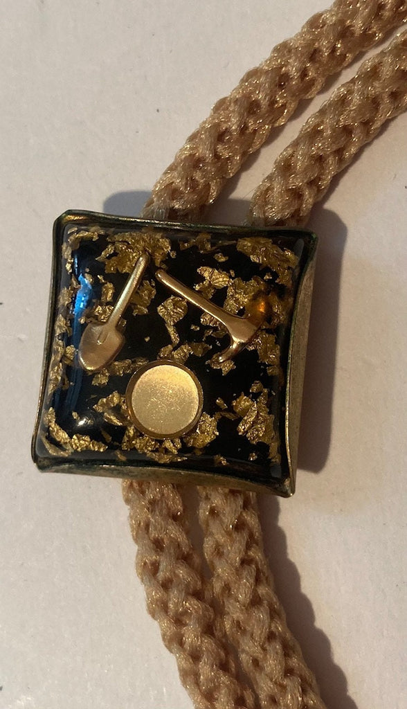 Vintage Metal Bolo Tie, Silver with Gold Pickers Shovel, Dish and Pick Axe, Gold Flakes, Fun, Nice Western Design, Quality, Heavy Duty