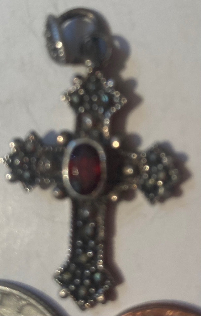 Vintage Sterling Silver 925 Metal Pendant, Charm, Cross, Crucifix, Nice Red Stone Design, Religious Symbol, Nice Design, Pendant