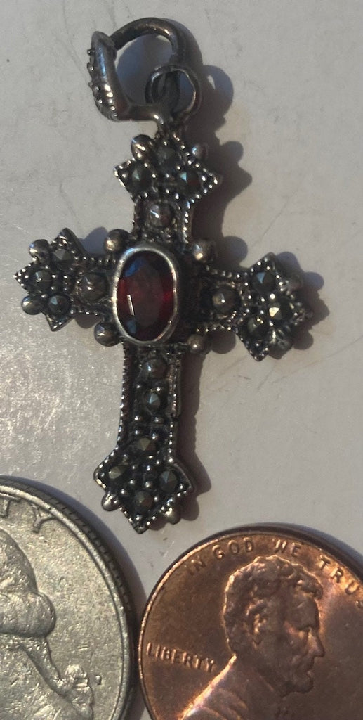 Vintage Sterling Silver 925 Metal Pendant, Charm, Cross, Crucifix, Nice Red Stone Design, Religious Symbol, Nice Design, Pendant