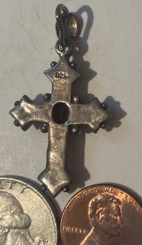 Vintage Sterling Silver 925 Metal Pendant, Charm, Cross, Crucifix, Nice Red Stone Design, Religious Symbol, Nice Design, Pendant