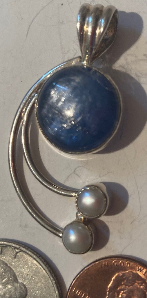 Vintage Sterling Silver 925 Metal Pendant, Charm, Nice Baby Blue Stone and Pearl Stones Design, 1 3/4" Long, Nice Design, Pendant