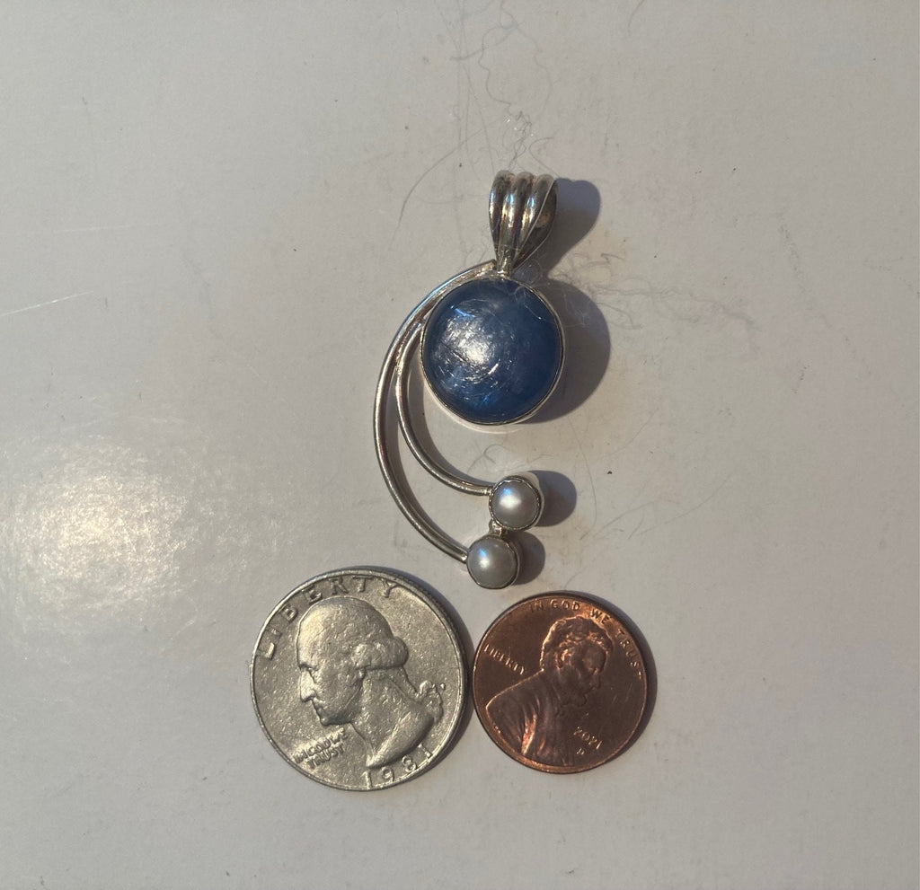 Vintage Sterling Silver 925 Metal Pendant, Charm, Nice Baby Blue Stone and Pearl Stones Design, 1 3/4" Long, Nice Design, Pendant