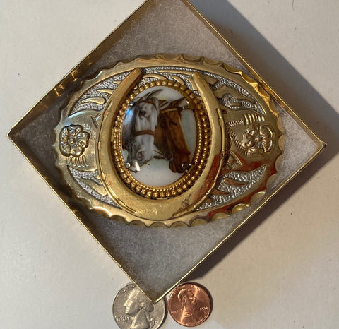 Vintage Metal Belt Buckle, Brass, 2 Horses, Horseshoe, Nice Design, 4" x 2 3/4", Heavy Duty, Quality, Thick Metal, Made in USA, For Belts