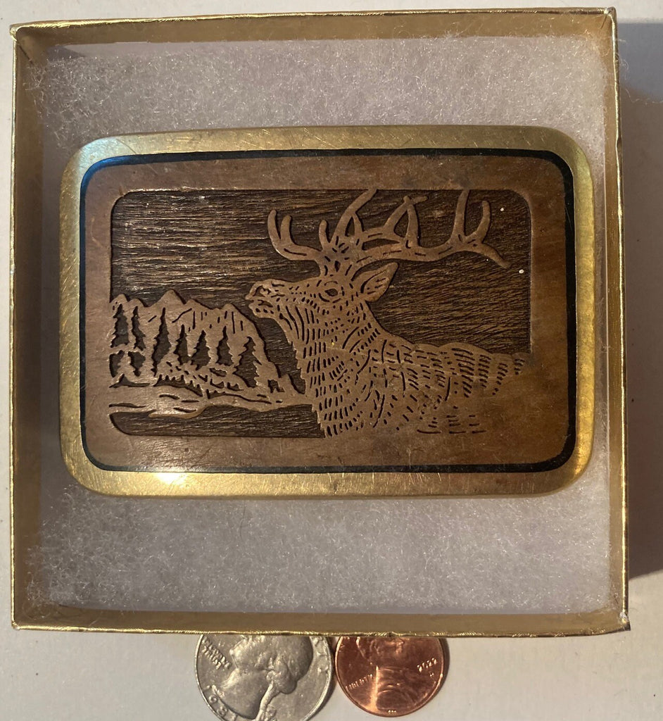 Vintage Metal Belt Buckle, Brass and Wood, Buck, Deer, Elk, Nature, Wildlife, Nice Design, 3 1/4" x 2 1/4", Heavy Duty, Quality, Thick Metal