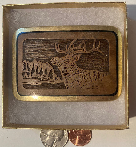 Vintage Metal Belt Buckle, Brass and Wood, Buck, Deer, Elk, Nature, Wildlife, Nice Design, 3 1/4" x 2 1/4", Heavy Duty, Quality, Thick Metal