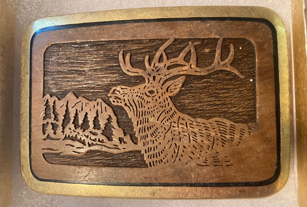 Vintage Metal Belt Buckle, Brass and Wood, Buck, Deer, Elk, Nature, Wildlife, Nice Design, 3 1/4" x 2 1/4", Heavy Duty, Quality, Thick Metal