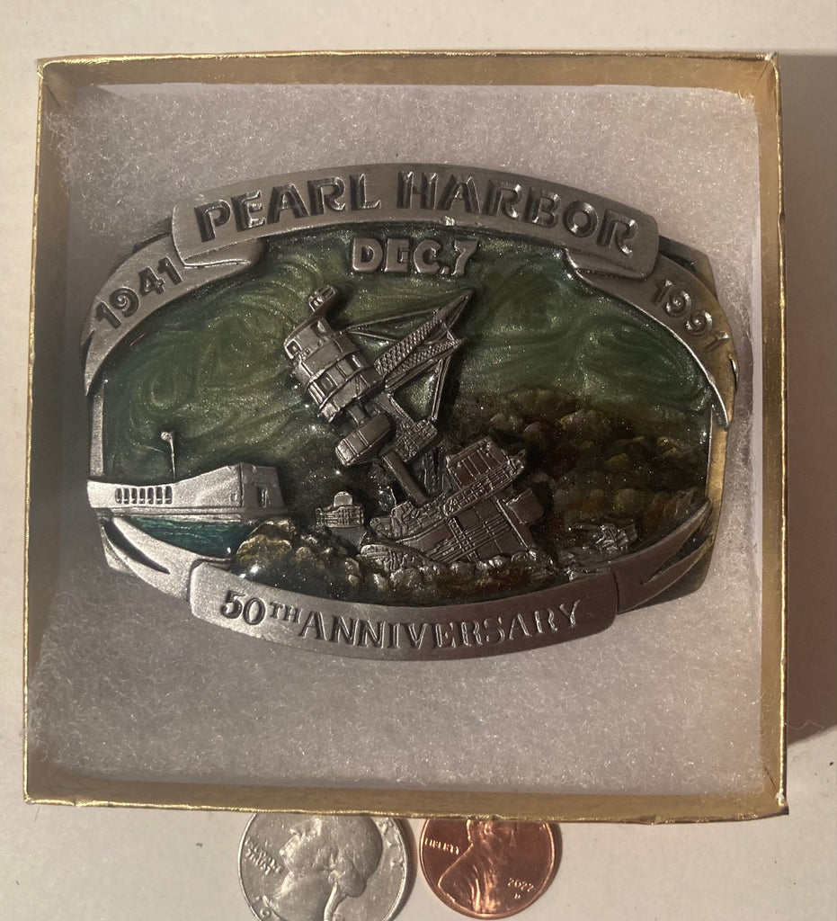 Vintage 1989 Metal Belt Buckle, 1941 to 1991 Pearl Harbor, 50th Anniversary, War, Nice Western Style Design, 3 1/4" x 2 1/2, Heavy Duty