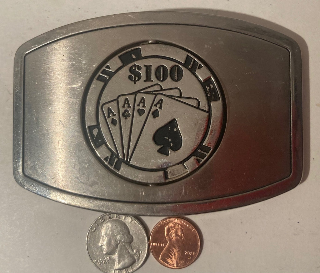 Vintage Metal Belt Buckle, Die Hard Gambler, 100 Poker Chip, Spinning Belt Buckle, Nice Western Style Design, 34" x 2 3/4", Heavy Duty