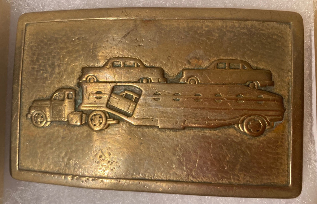 Vintage Metal Belt Buckle, Brass, Vintage Antique Car Hauler with Cars, Cool, 3" x 2", Heavy Duty, Quality, For Belts, Made in USA