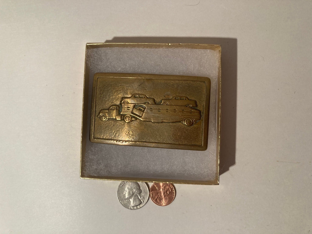 Vintage Metal Belt Buckle, Brass, Vintage Antique Car Hauler with Cars, Cool, 3" x 2", Heavy Duty, Quality, For Belts, Made in USA