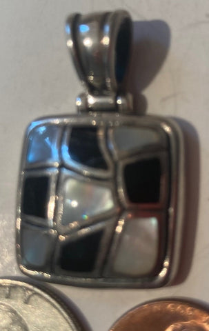 Vintage Sterling Silver 925 Metal Pendant, Charm, Mother of Pearl, Nice Checker Design, Nice Design, Pendant for Necklace, Bracelet, Ankle