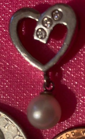 Vintage Sterling Silver Metal Pendant, Charm, Heart with Crystals Stones and Hanging Pearl, Nice Design, Pendant for Necklace, Bracelet
